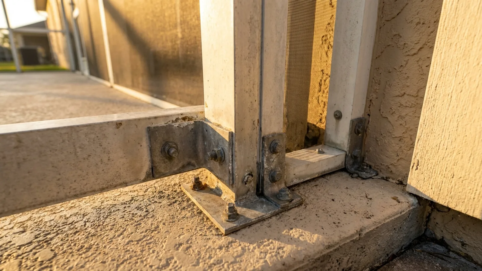 A close view of the aluminum frame corner and anchor connection of a screen enclosure