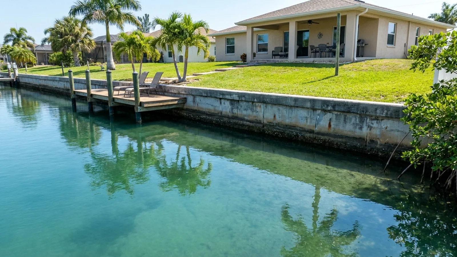 A concrete residential seawall along a calm Florida canal at midday