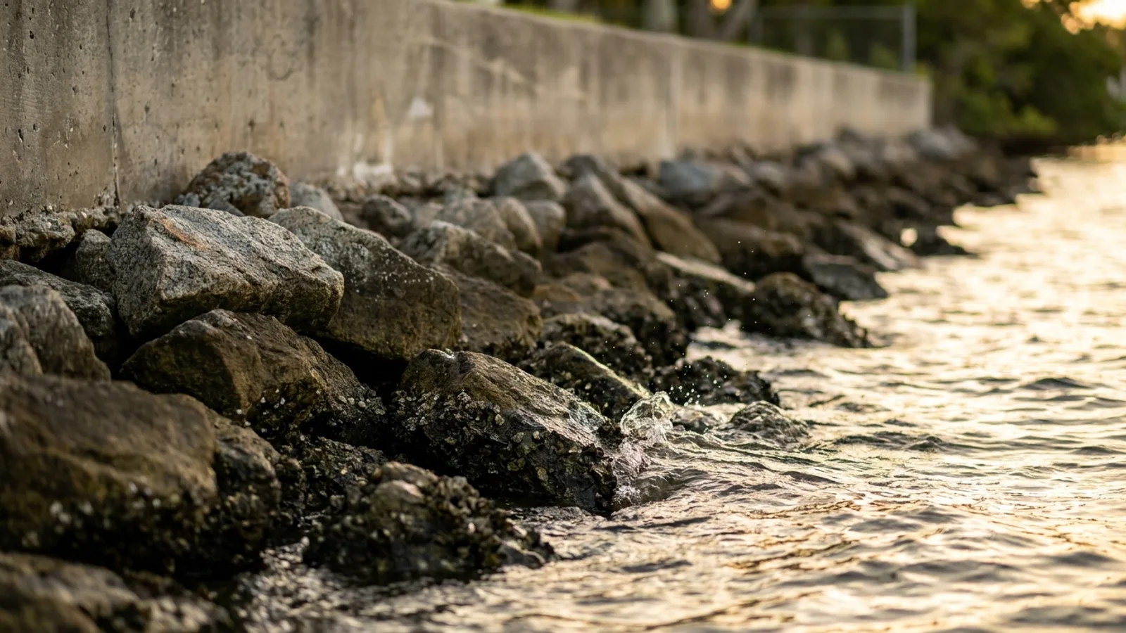 A rip-rap base at the foot of a residential concrete seawall on a Florida canal