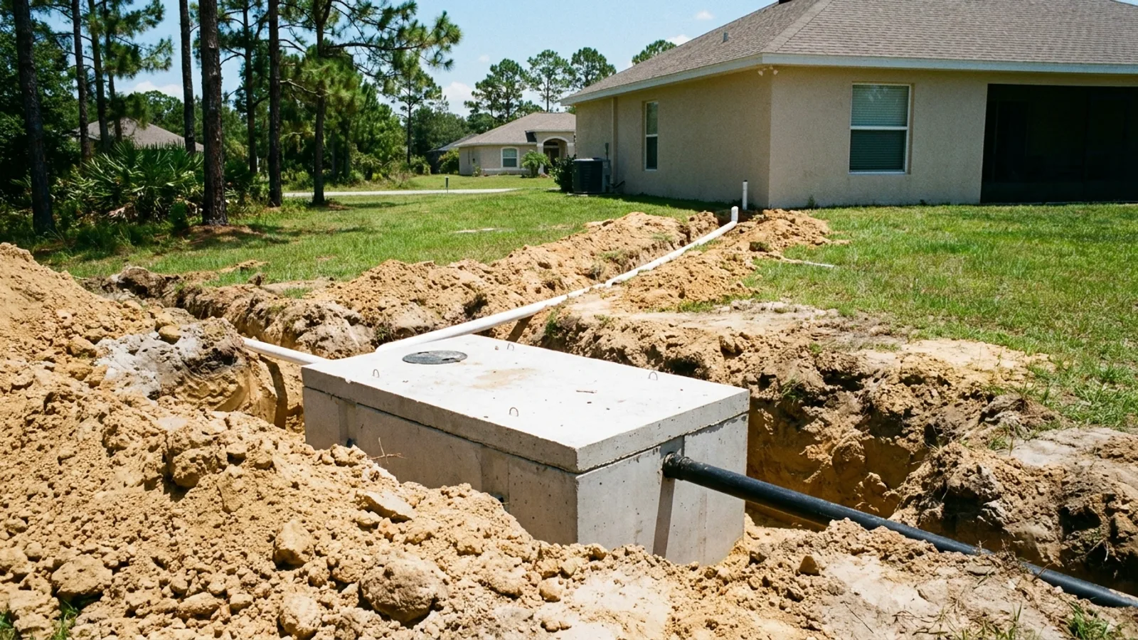 A new septic tank and drainfield in an open excavation in a Florida yard