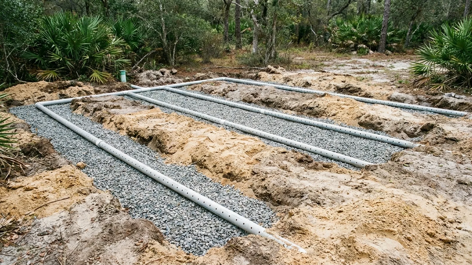 A drainfield of gravel and distribution pipe being installed in a Florida yard