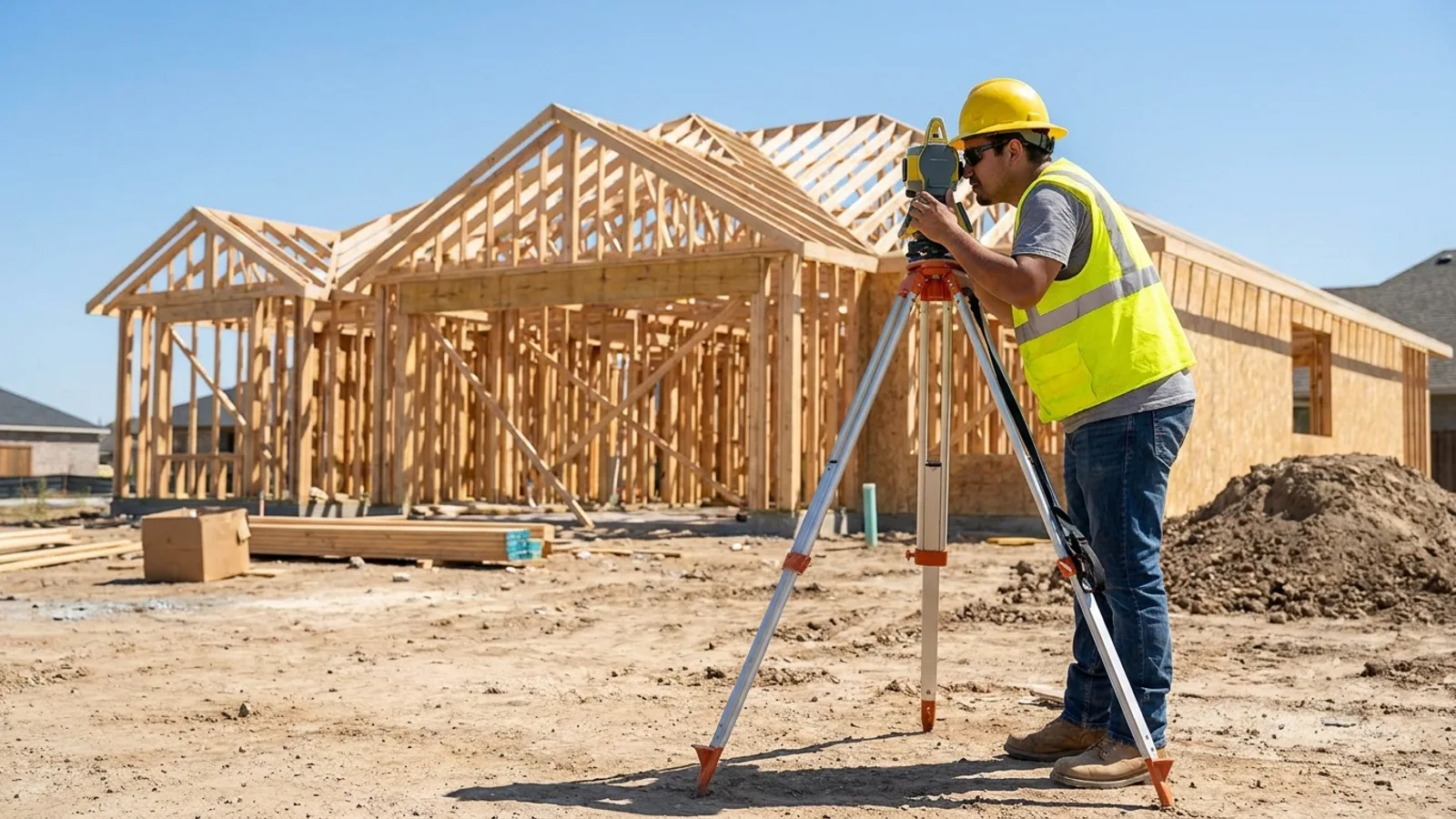 Wooden survey stakes and string marking building lines on a residential lot