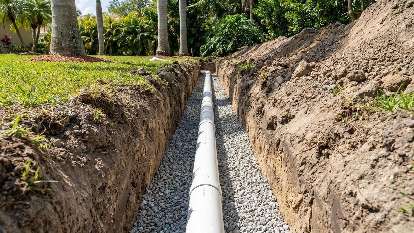 A new PVC sewer lateral bedded in gravel in an open trench in a Florida yard