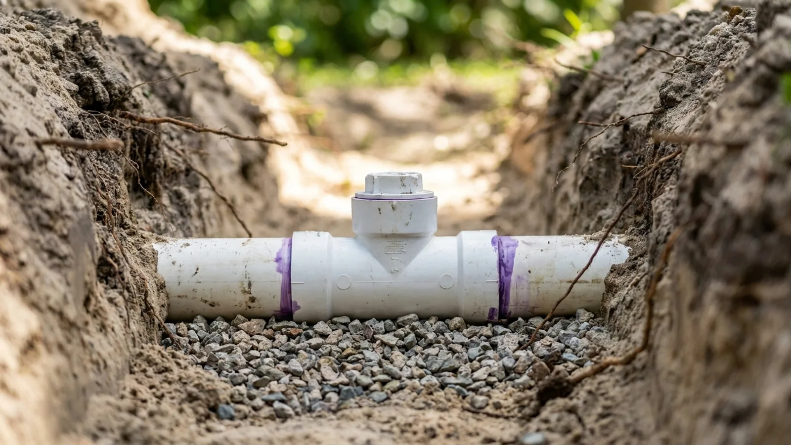 A new sewer lateral connected and sloped in an open Florida trench before backfill