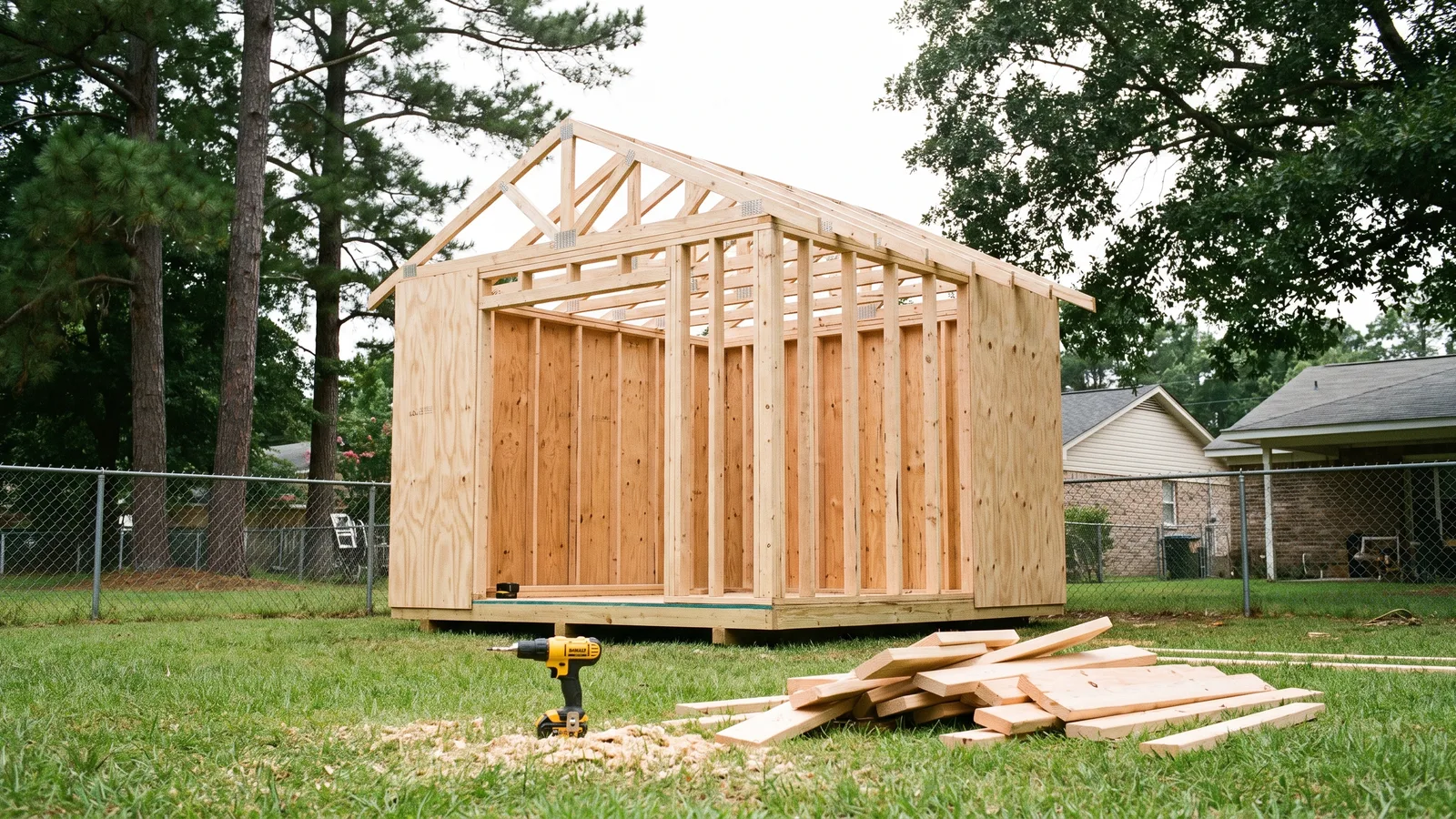 A detached wooden storage shed with a gable roof in the back yard of a Georgia home