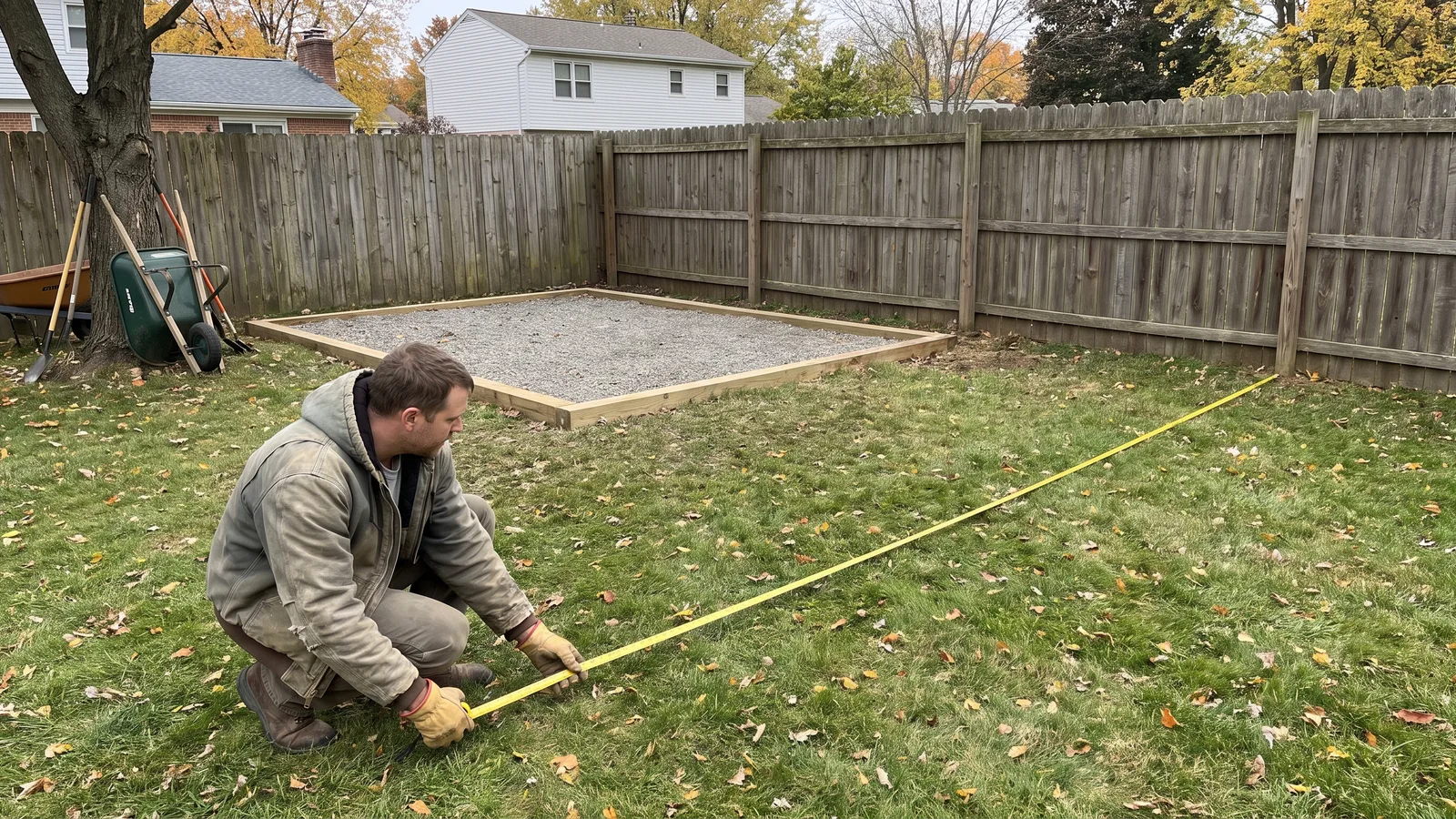 A homeowner measuring the setback distance from a property line before placing a backyard shed