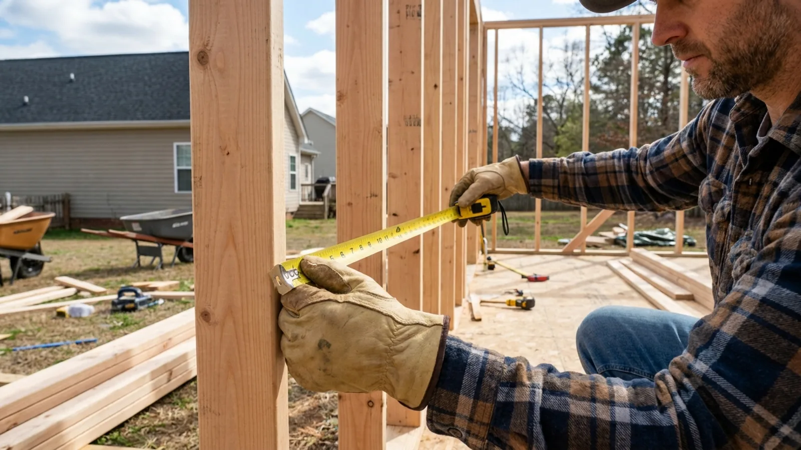 A homeowner measuring the wall of a partly built backyard storage shed with a tape measure