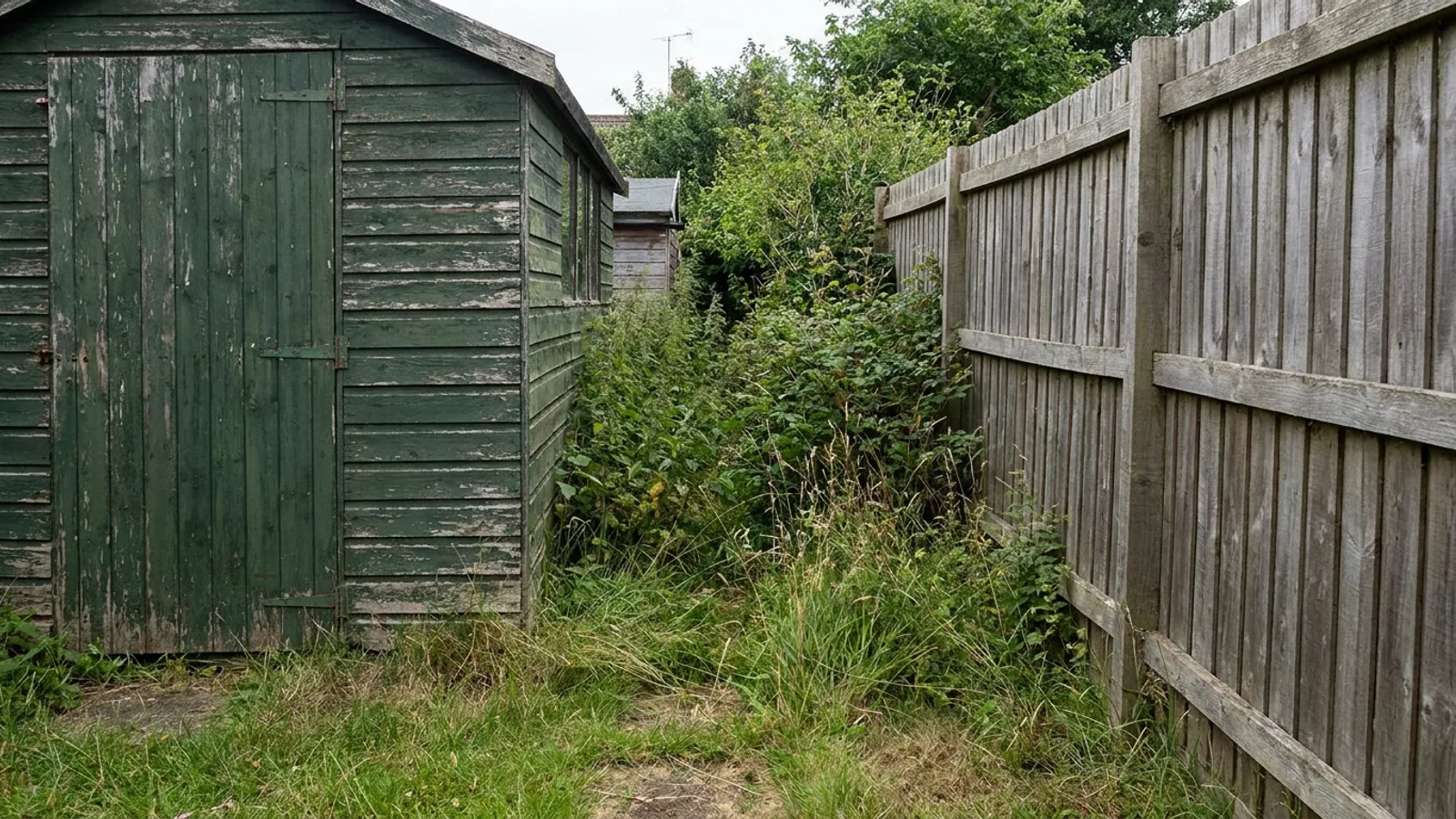 A small shed placed near a wooden fence at the back property line of a residential yard