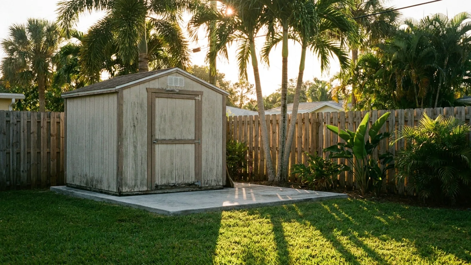 A small prefabricated storage shed on a concrete pad in a Florida backyard