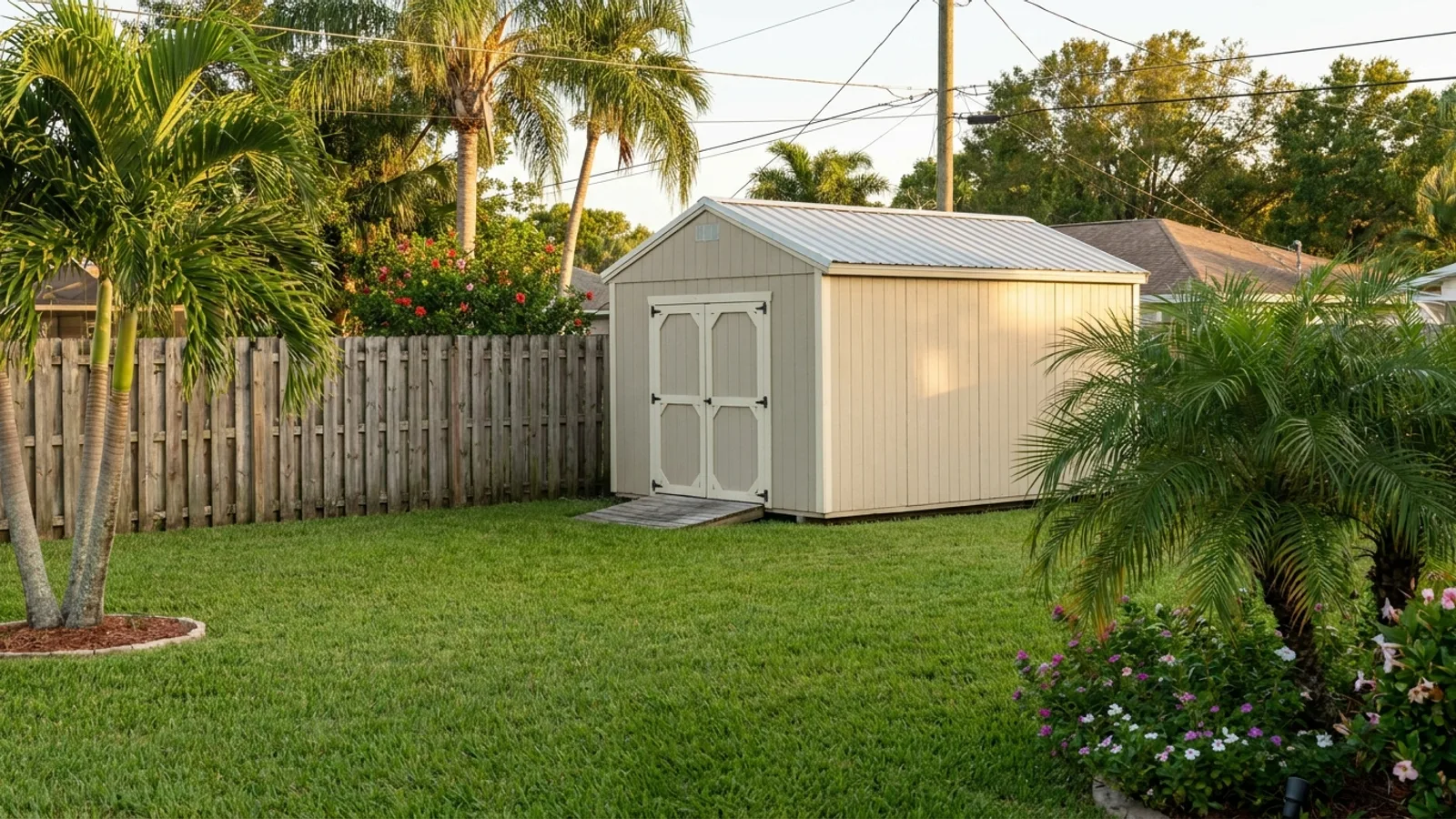 A backyard shed positioned away from the fence line to respect property setbacks
