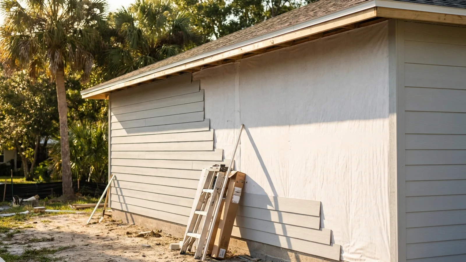 New fiber cement lap siding partially installed over house wrap on a Florida home