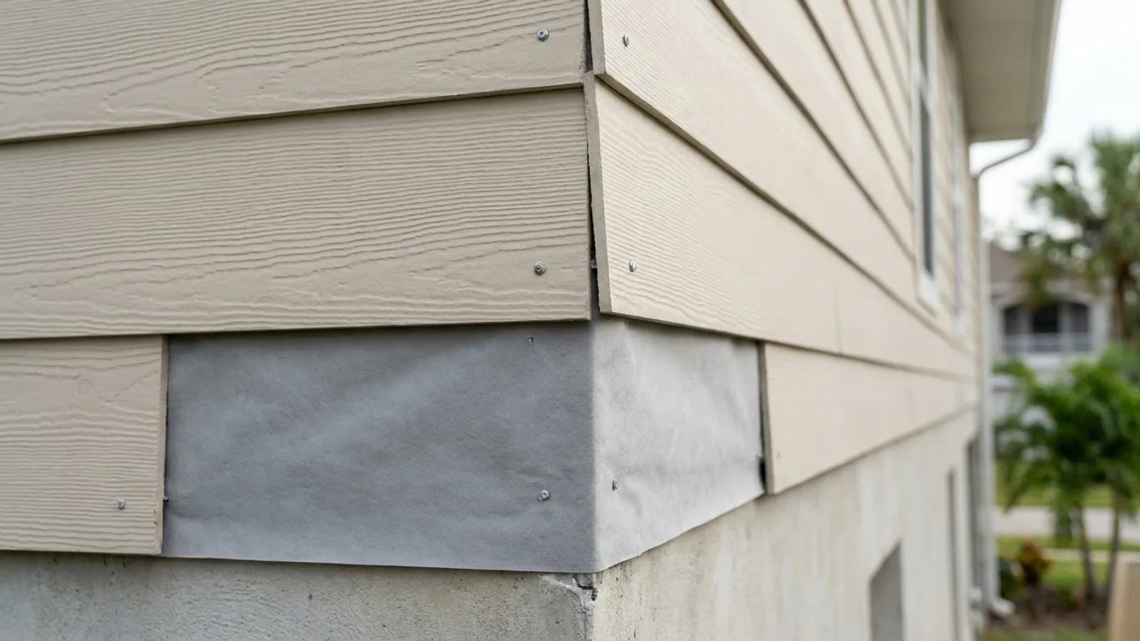 Fiber cement siding fasteners and a lapped weather barrier on a Florida wall