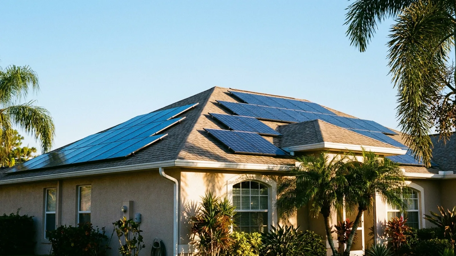 Rooftop solar panels mounted on a Florida home under a clear blue sky