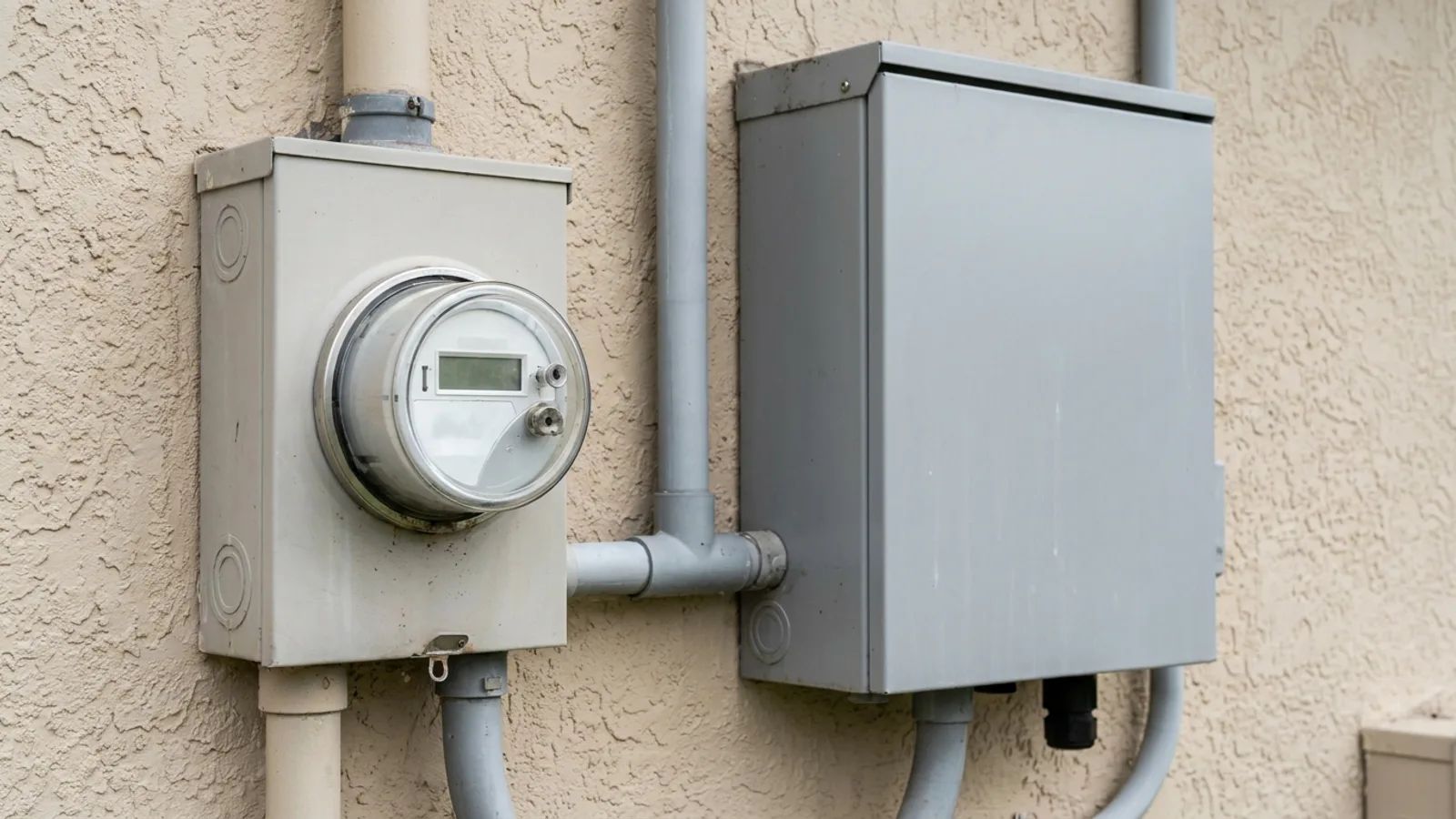 A residential electric meter and inverter mounted on the exterior wall of a Florida home