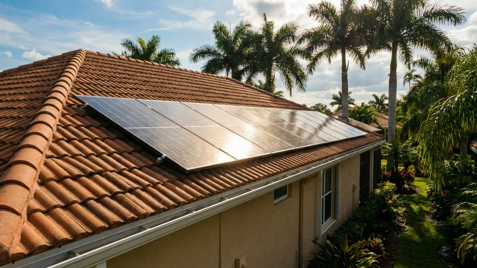 A row of solar panels on a tile roof of a Florida home with palm trees nearby