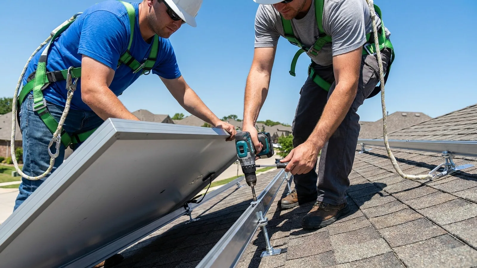 Solar panels mounted in neat rows on the asphalt shingle roof of a suburban home