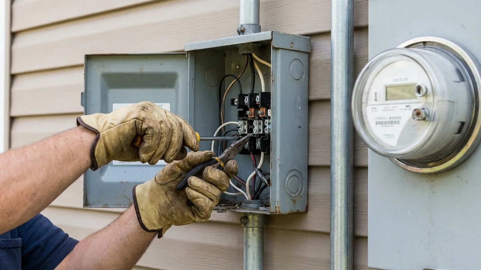 An electrician working at an outdoor solar disconnect box mounted beside a home electric meter