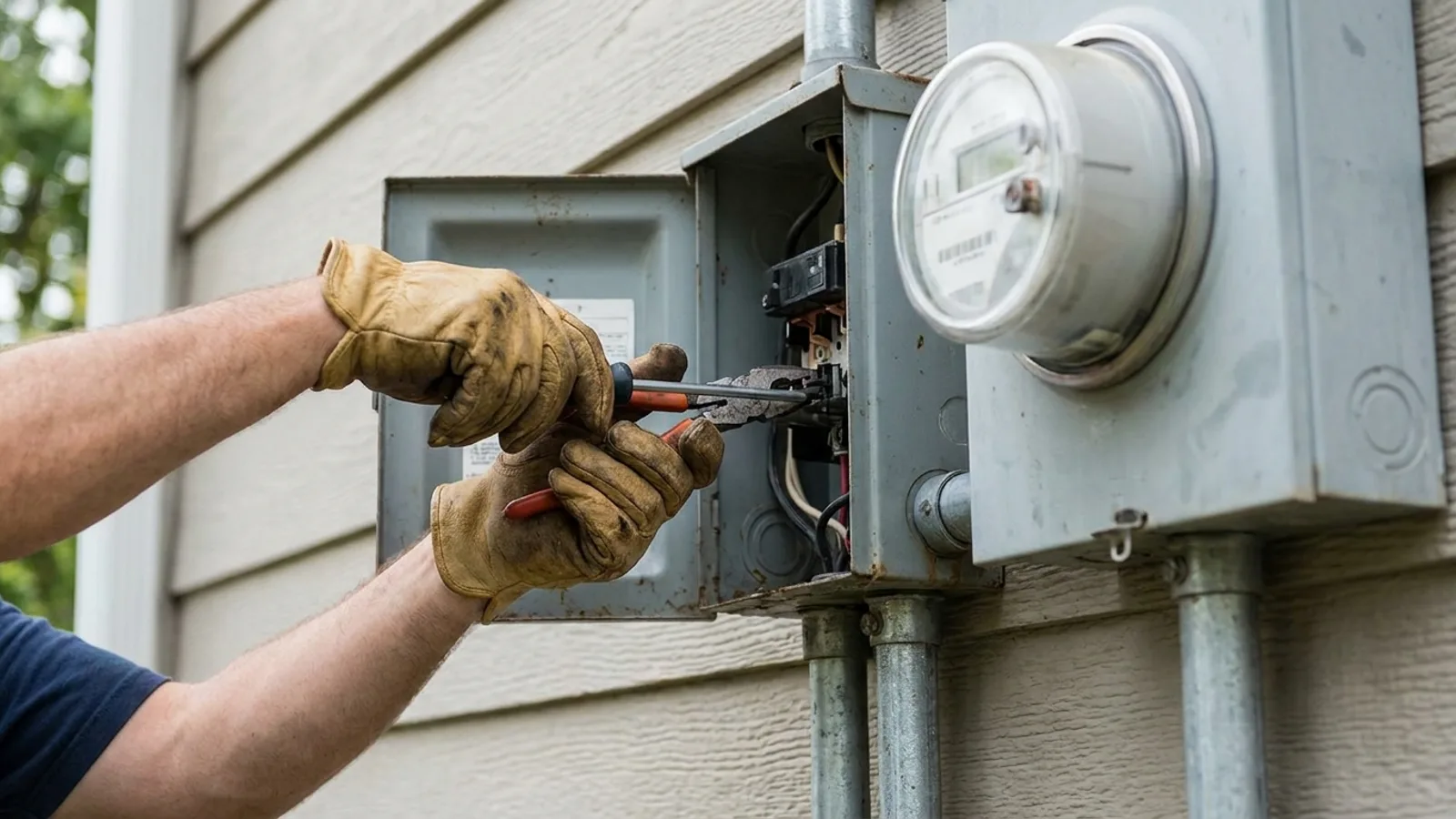 An electrician working at an outdoor solar disconnect beside a home electric meter