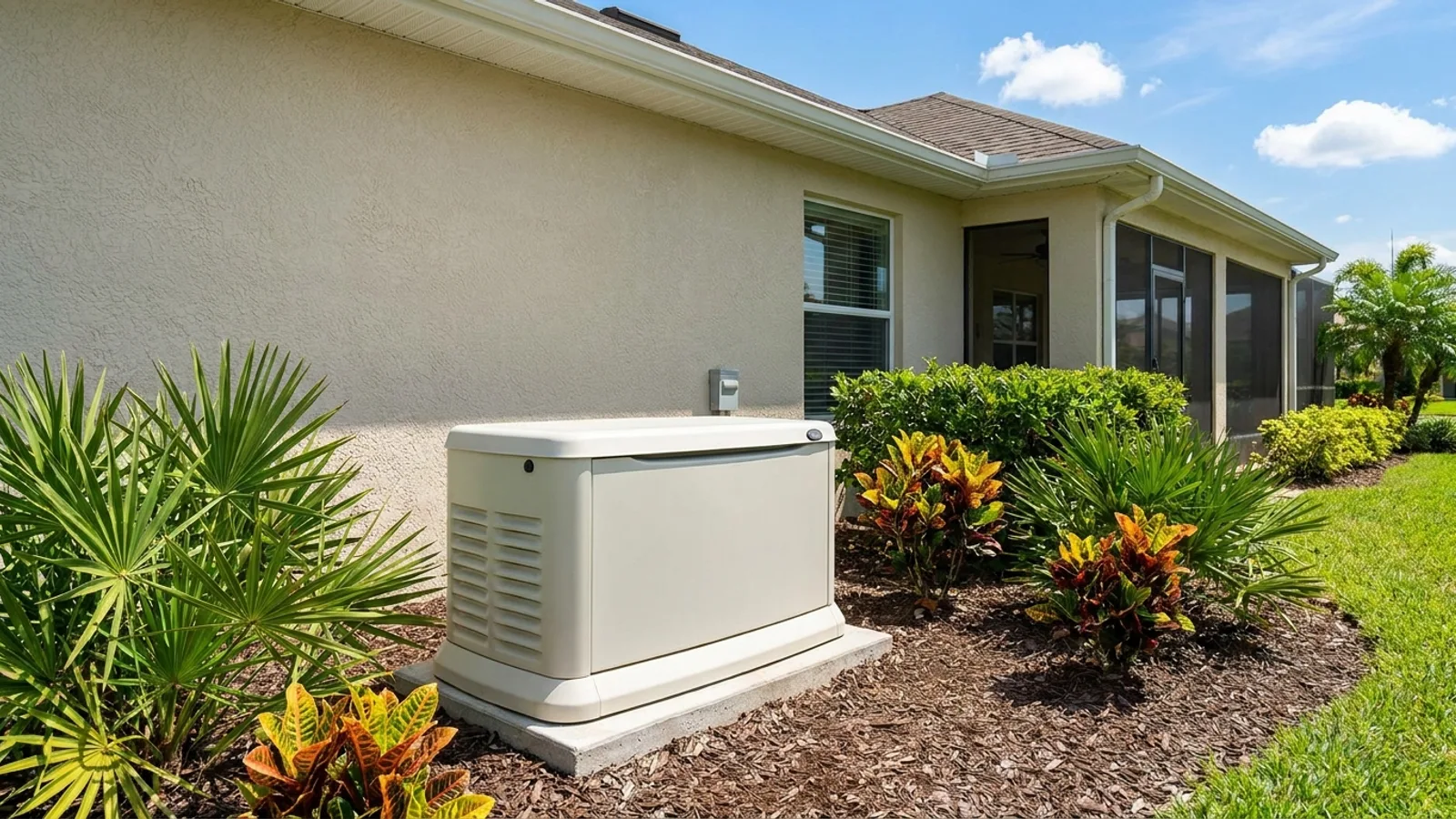 A standby home generator on a concrete pad beside a single-family Florida home