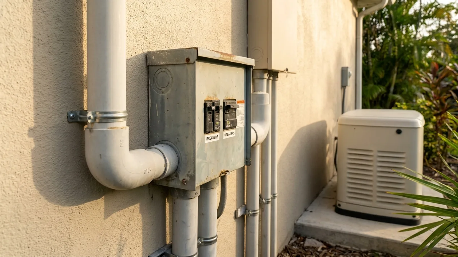 A close view of a transfer switch and conduit connection on the exterior wall of a Florida home