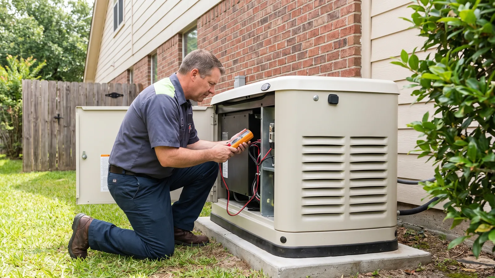 A standby home generator installed on a concrete pad beside a Georgia house