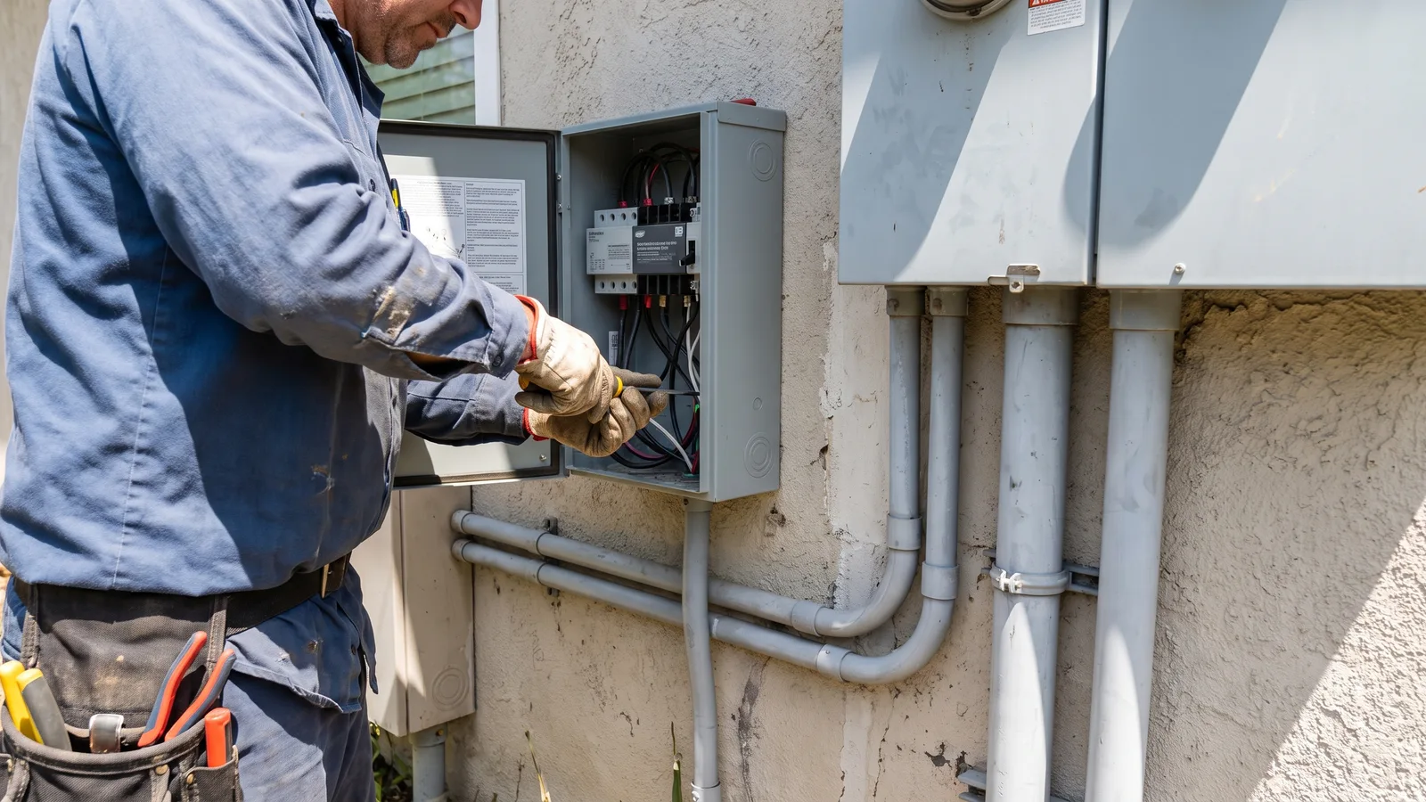 An electrician wiring an automatic transfer switch on an exterior wall next to an electrical panel