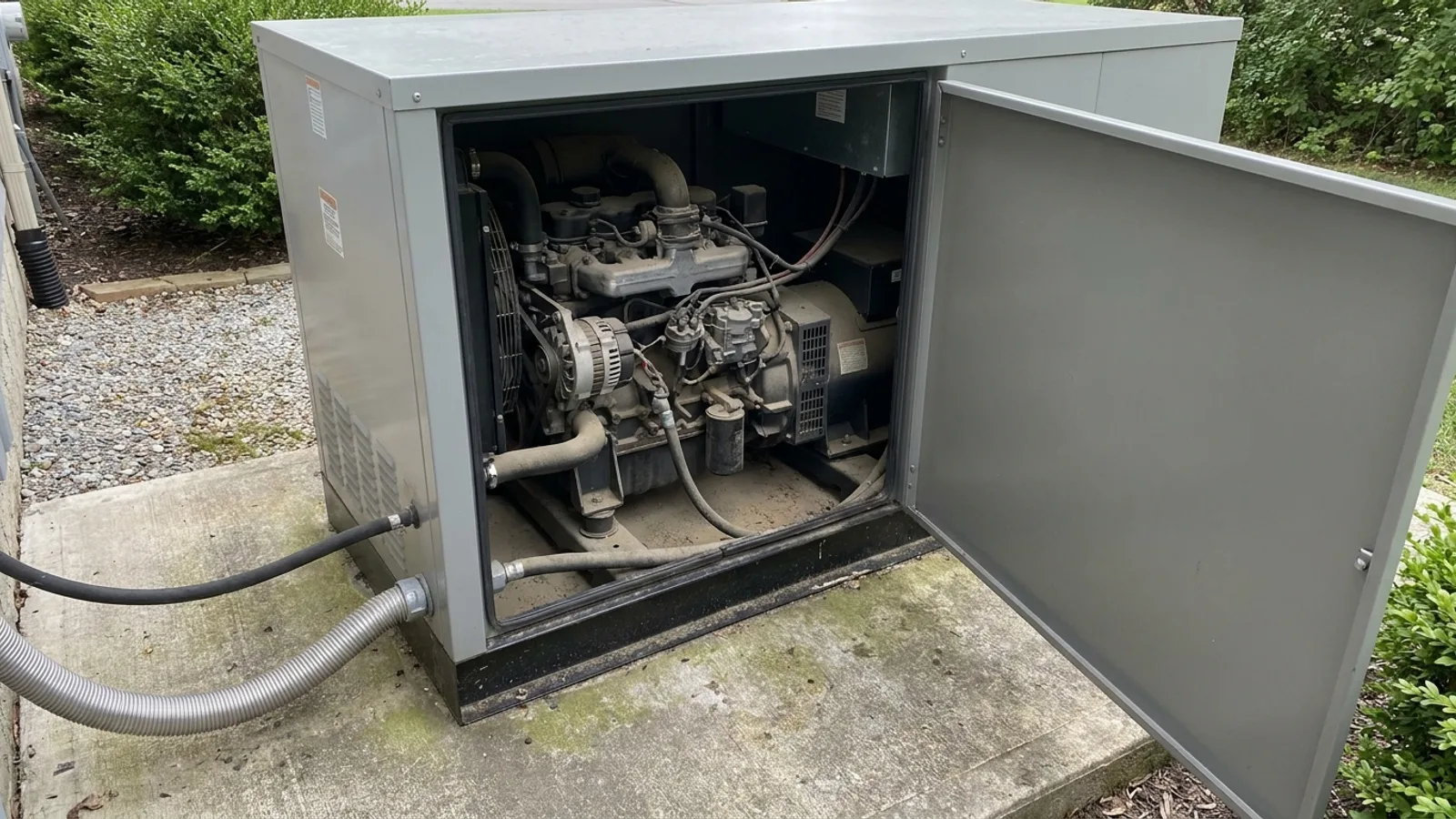 A standby generator installed on a concrete pad beside a North Carolina home