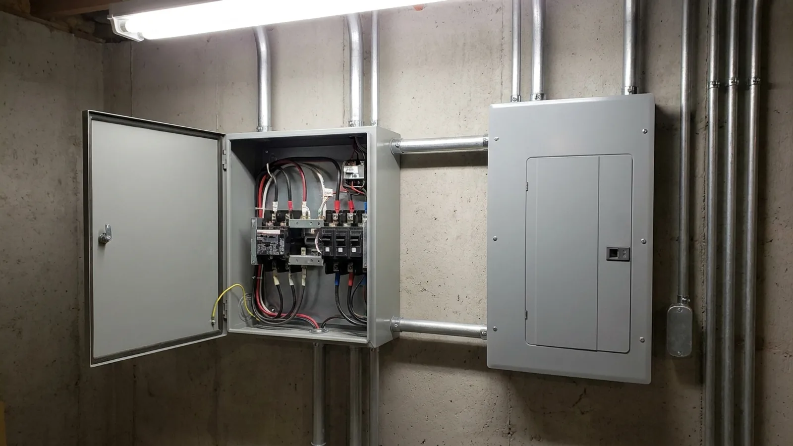 A transfer switch and conduit mounted beside a residential electrical panel