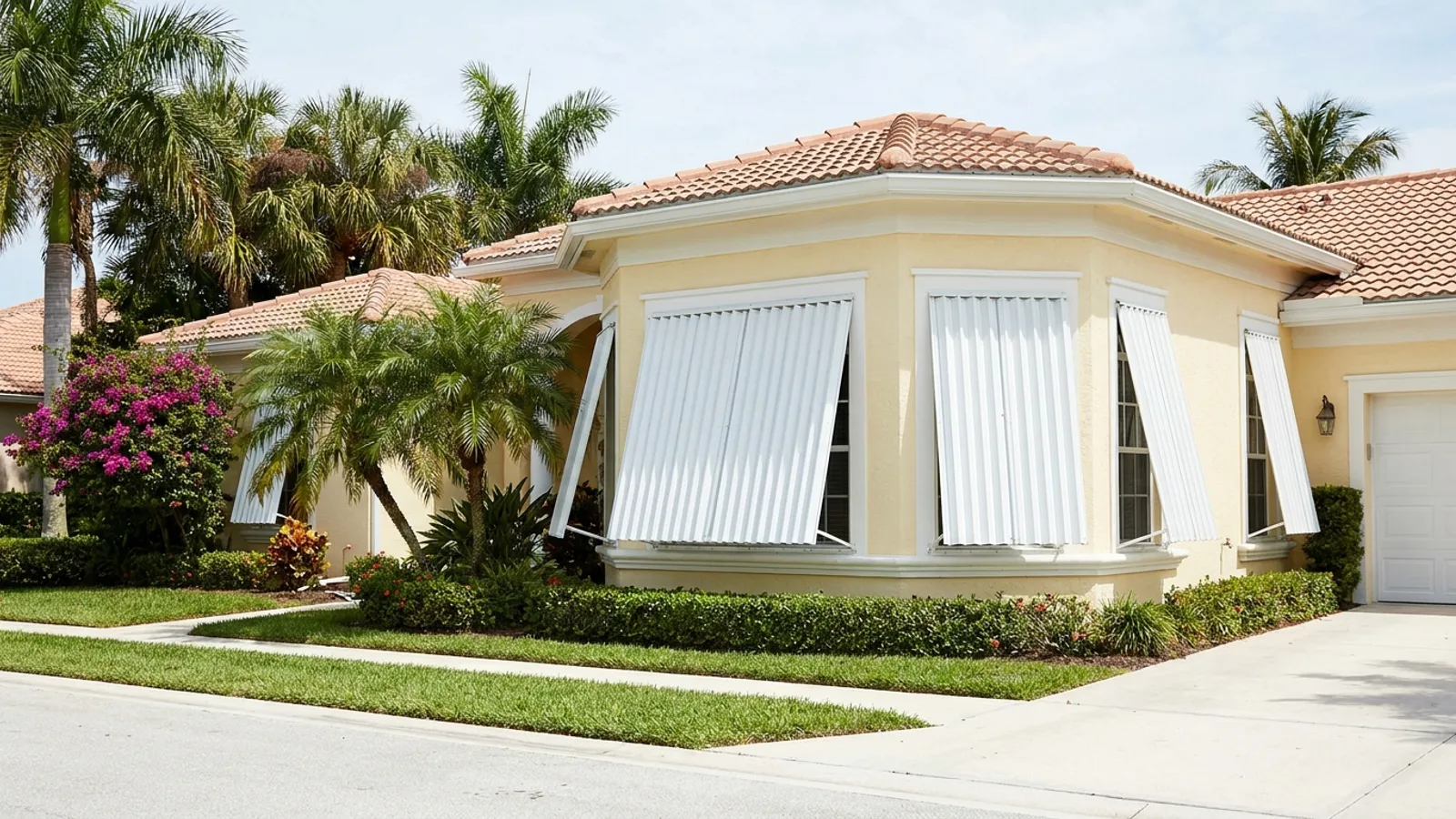 Accordion hurricane shutters installed beside windows on a Florida home