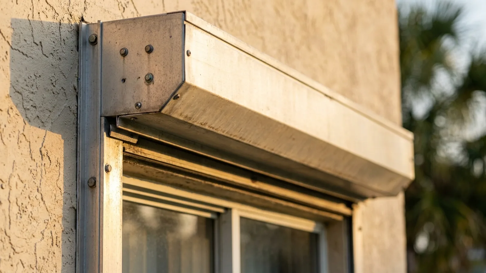 Roll-down hurricane shutter housing mounted above a Florida window opening