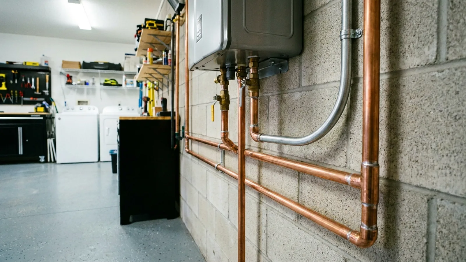 A wall-mounted tankless water heater installed in a Florida home utility area with clean plumbing connections