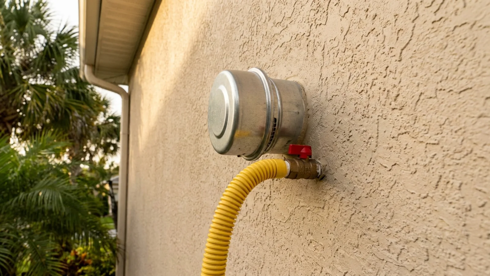 A gas tankless water heater's venting pipe and gas line connection on an exterior wall of a Florida home