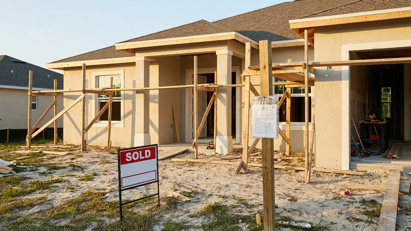 A Florida home mid-renovation with a sold sign in the yard and a posted permit card