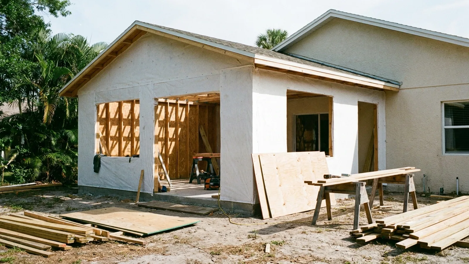 A partially completed room addition on a Florida home with framed exterior walls and house wrap