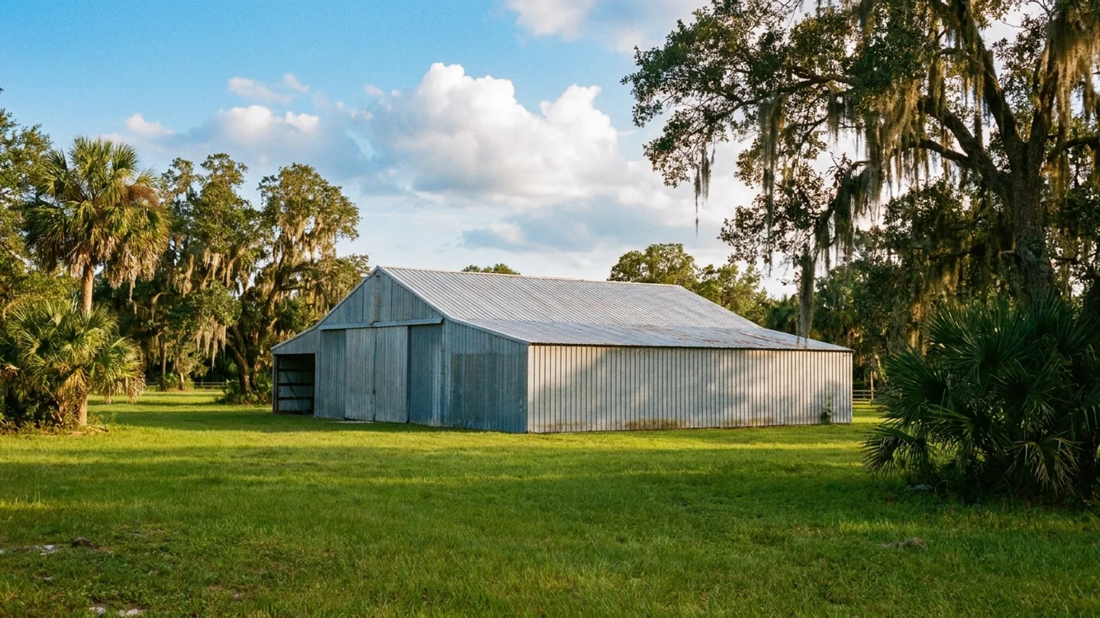 A large detached metal storage building on acreage in rural Florida under a bright sky