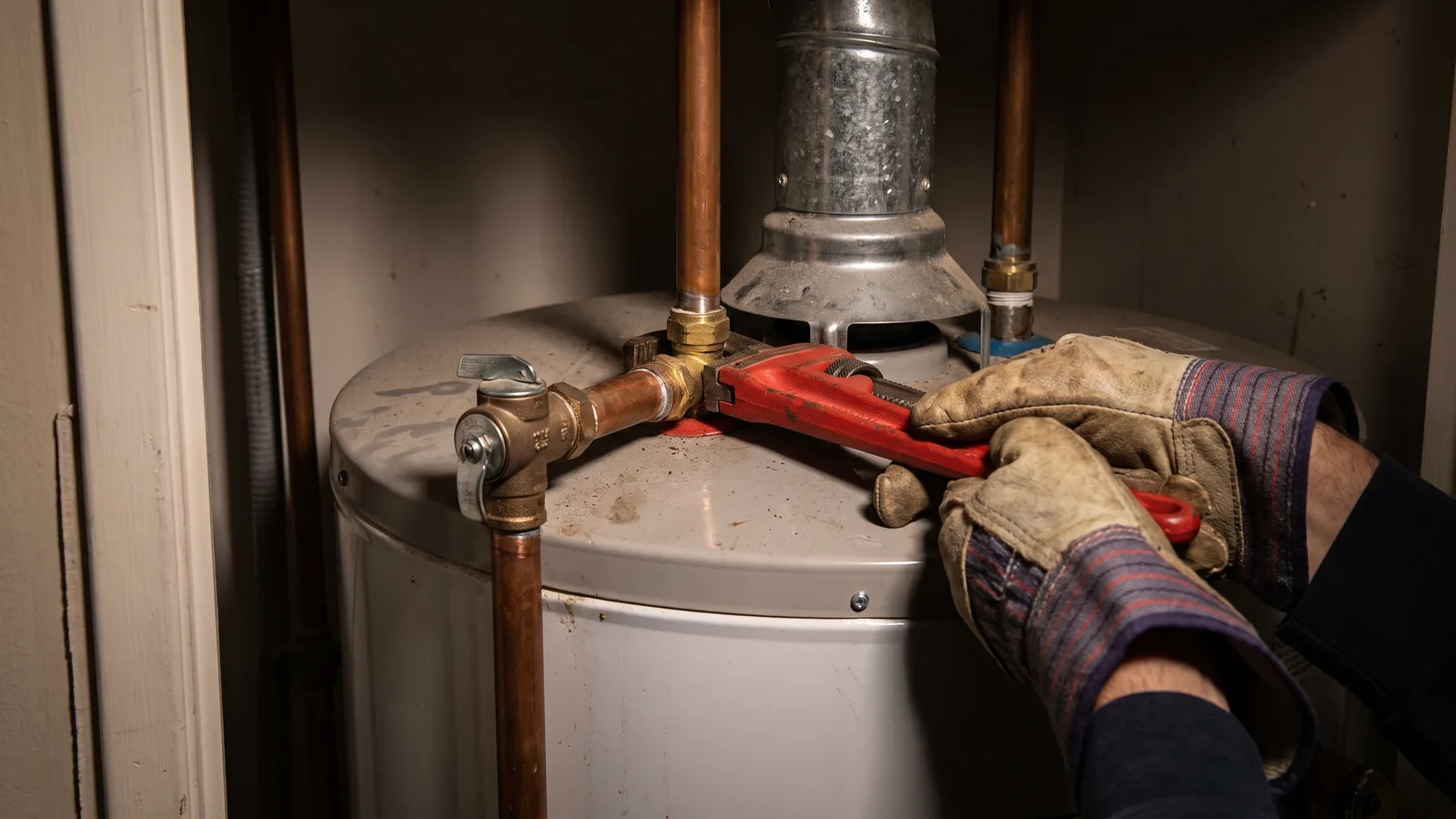 A residential tank water heater installed in a garage with supply piping and venting