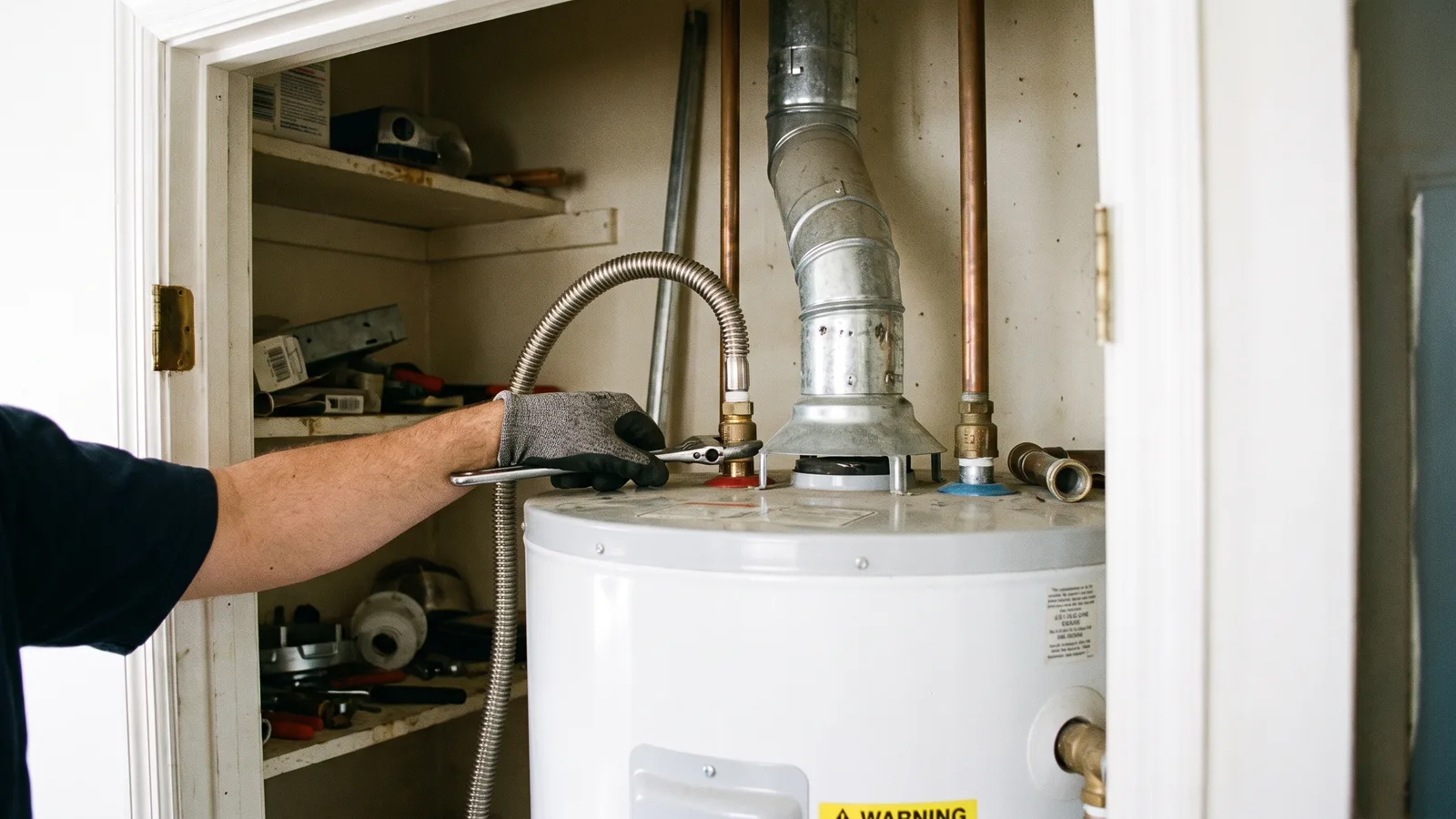 A new gas water heater installed in a residential utility closet with venting and piping visible