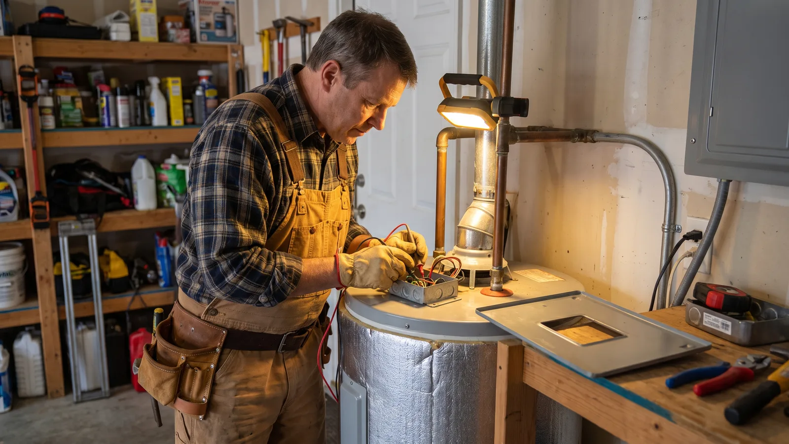 An electrician testing the wiring connection at an electric water heater junction box