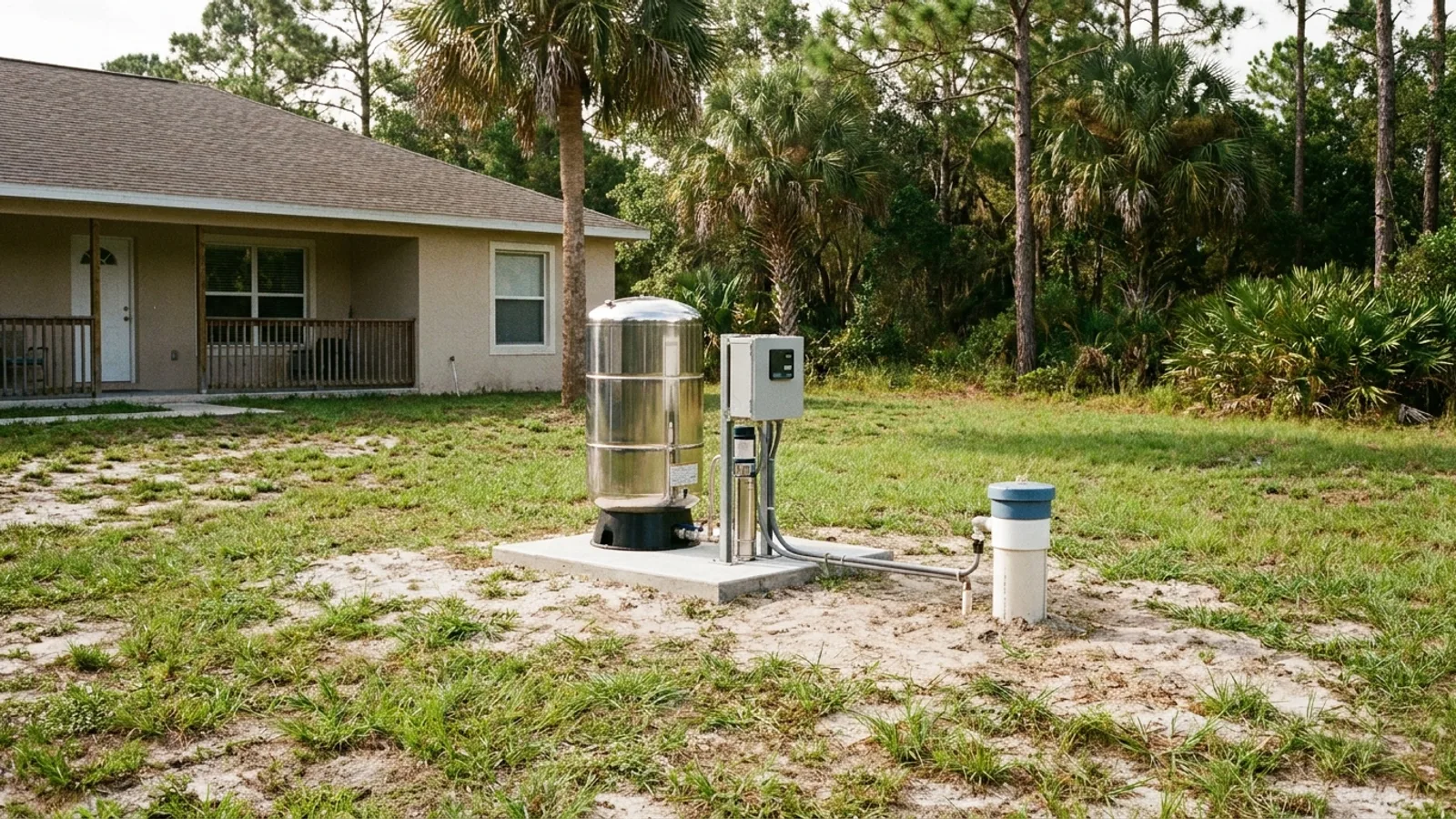 A residential water well head with a pump and pressure tank beside a Florida home