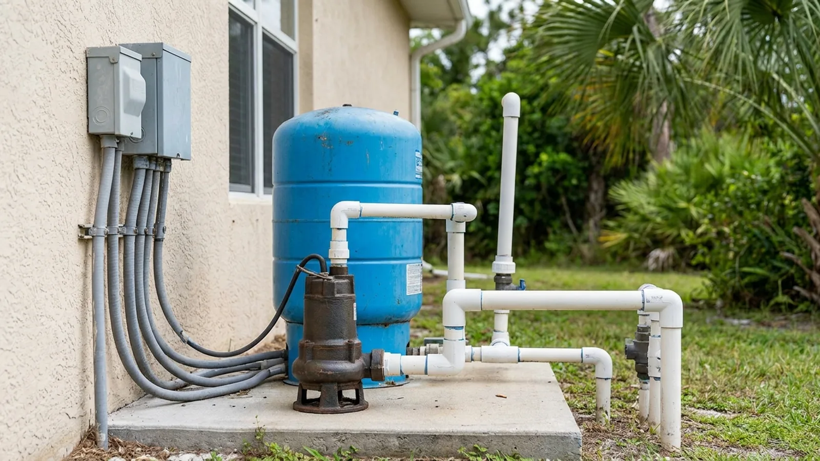 A pressure tank and pump wiring at a residential well setup in rural Florida