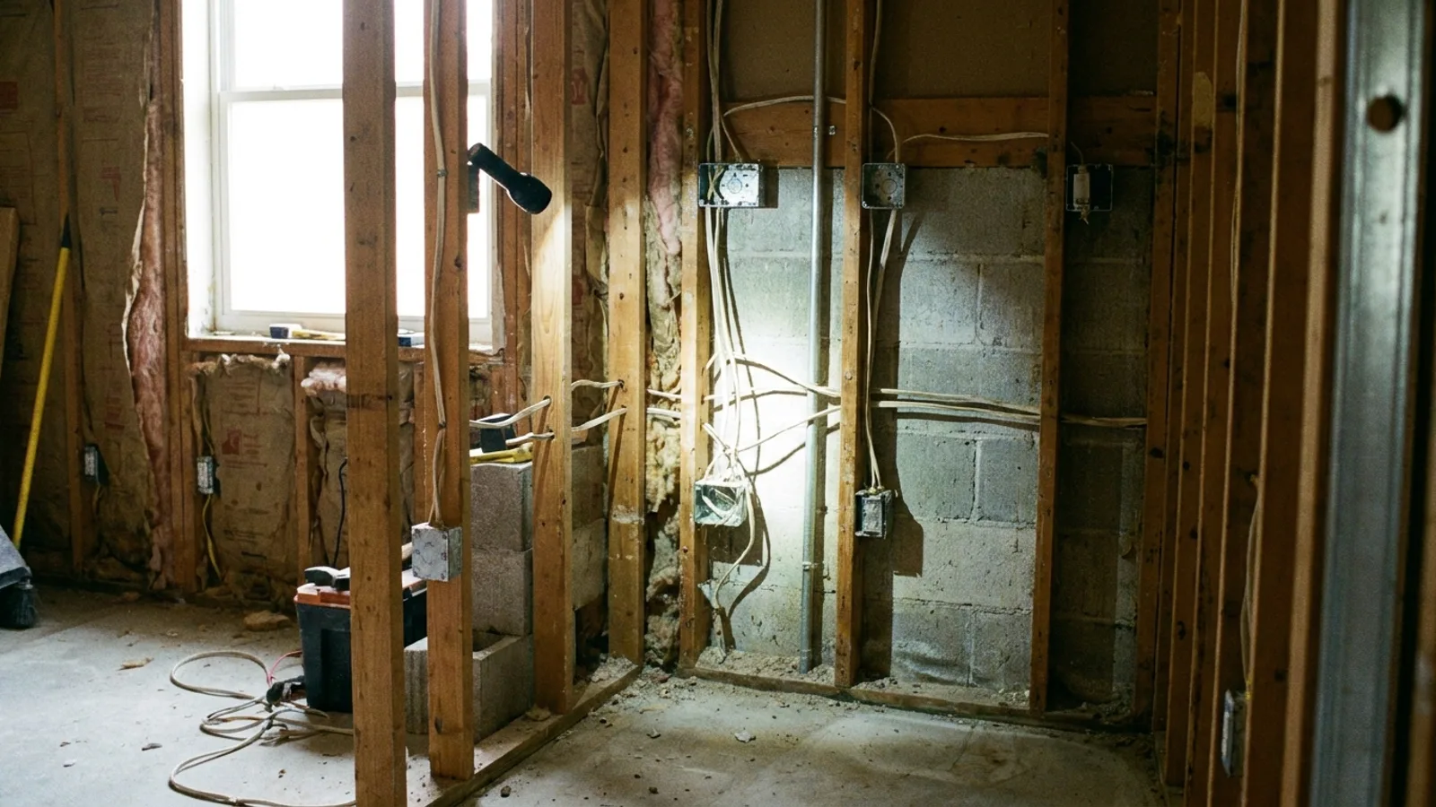 A building inspector examining electrical rough-in wiring at an open wall during a Florida home renovation