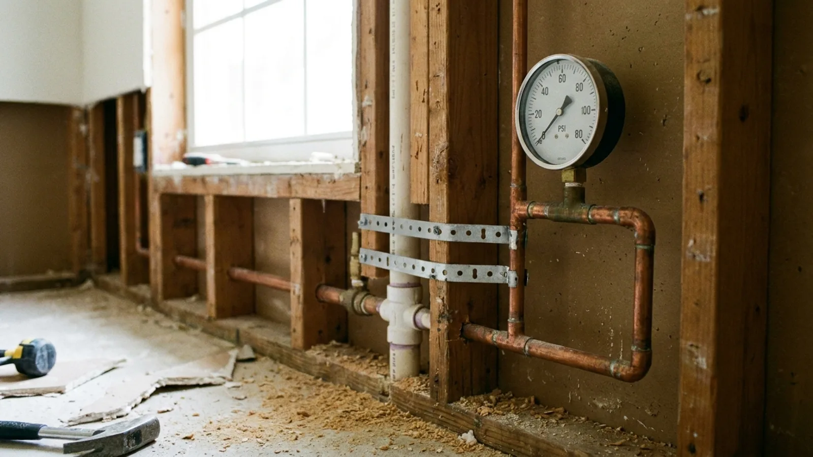 Exposed plumbing pipes with support straps and a pressure gauge on a stud wall during a Florida home remodel