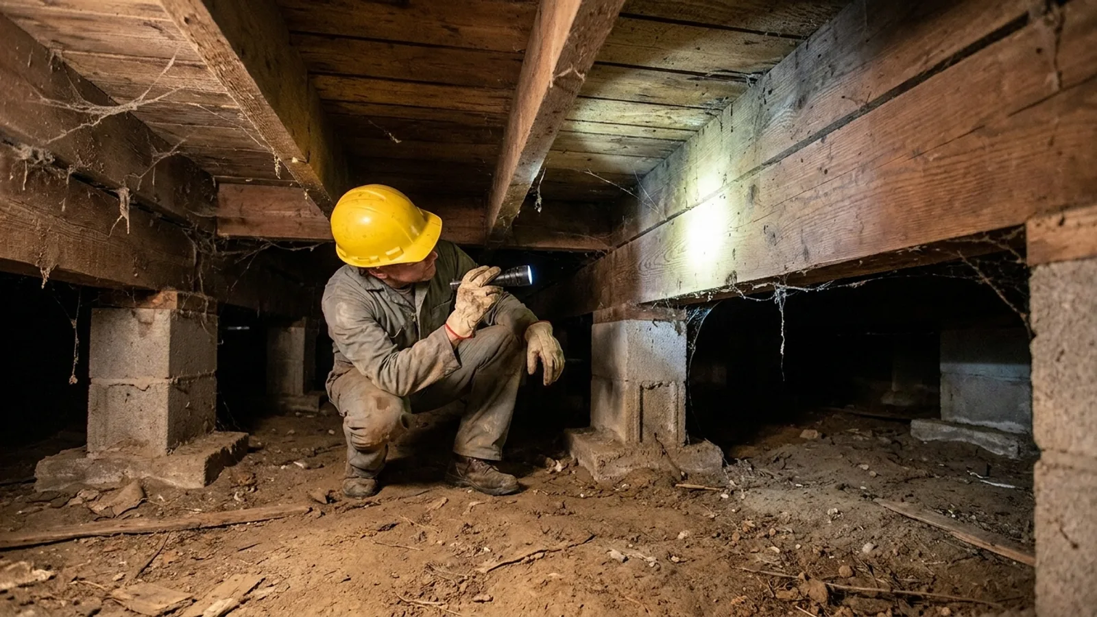 A building inspector examining floor framing and joists beneath a house under construction