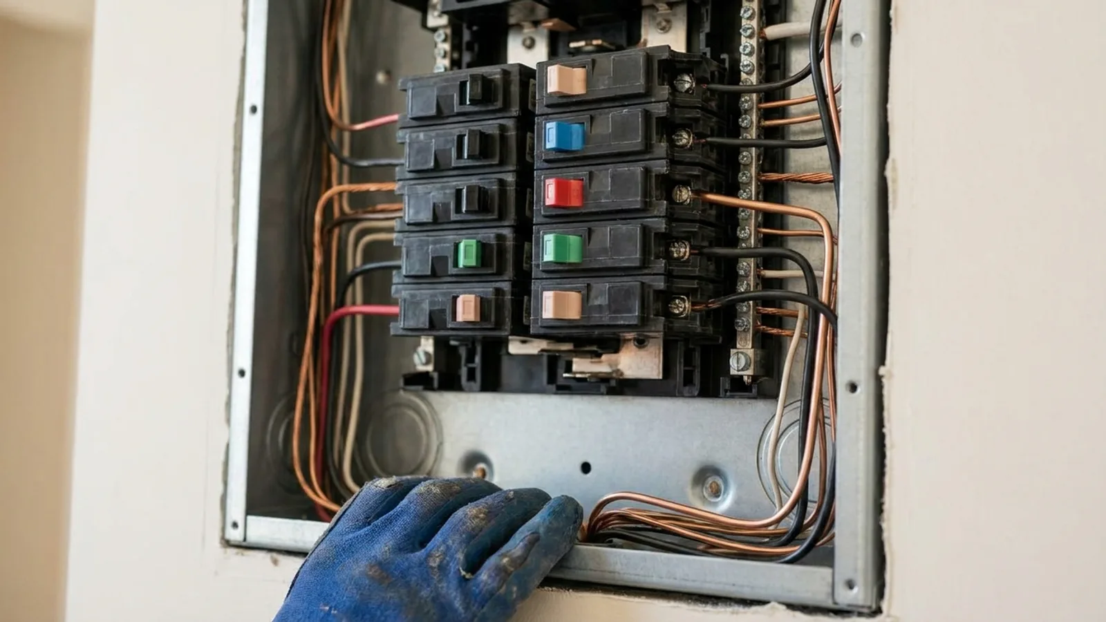 An open residential electrical panel with the cover removed showing breakers and wiring