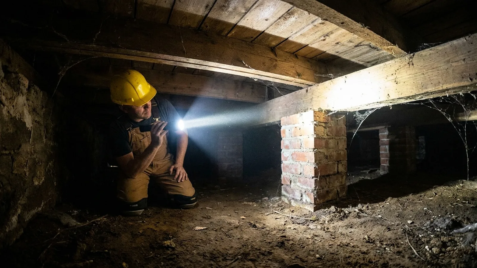 A building inspector examining floor framing under a house in North Carolina