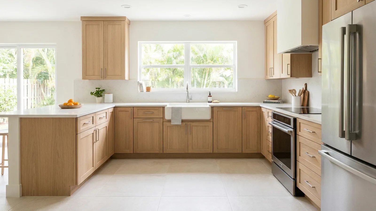 A kitchen with newly refreshed cabinet fronts and new flooring on the existing layout