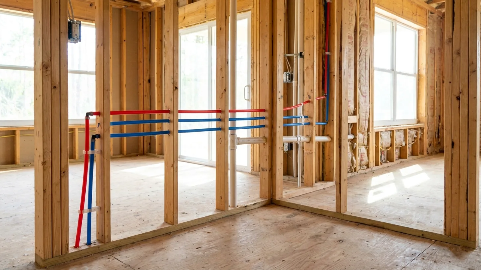 Open wall framing with new PEX supply lines during a Florida repipe