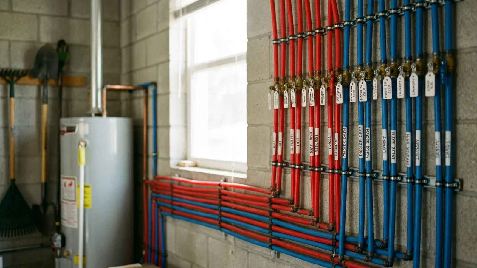 A plumbing manifold with color-coded PEX lines mounted in a Florida utility area