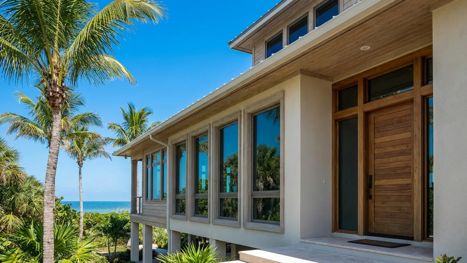 Impact-rated windows and a reinforced entry door on a Florida home under coastal daylight