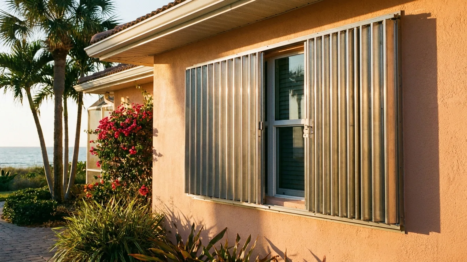 Accordion storm shutters partially closed over a window on a Florida home